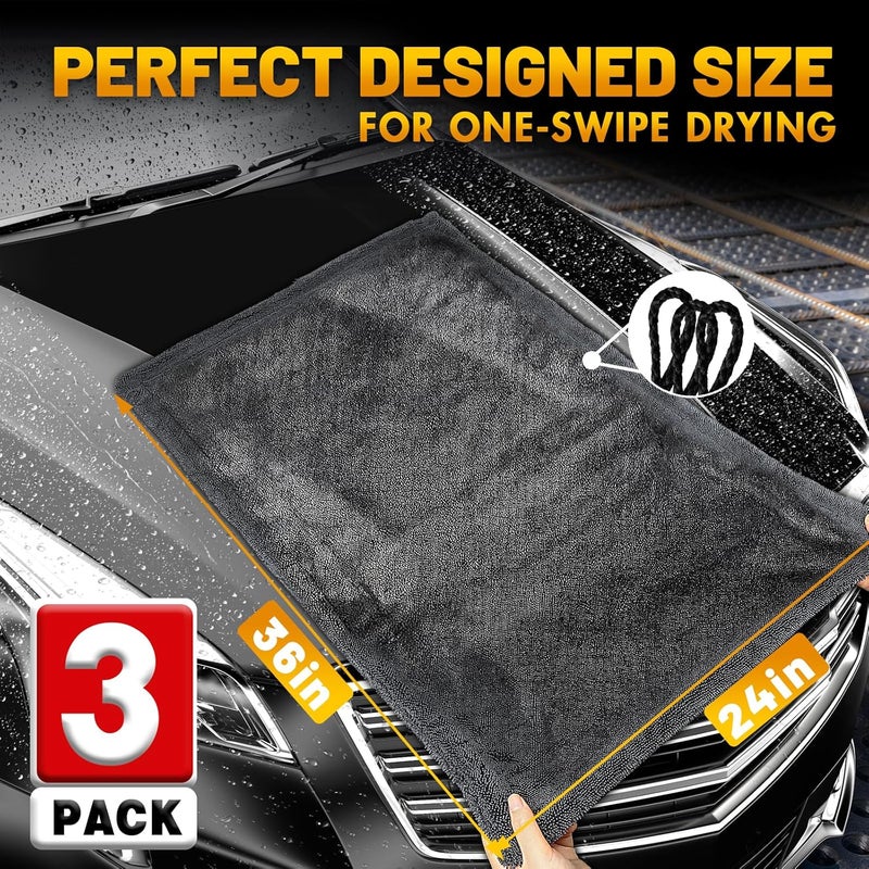RBUGR Microfiber Towels for Cars, 3 Pack Dual Sided Drying Towels Car Detailing， 1200GSM Car Drying Towel(24″x 36″), Ultra Absorbent Car Cleaning Towel, No Streak or Scratch, Machine Washable - Image 3